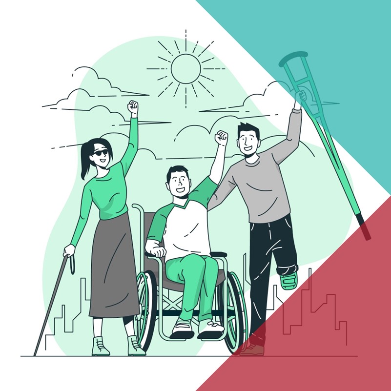An illustration drawn largely in green and grey of three disabled people, one blind woman, one man in a wheelchair, and one man missing the lower part of one leg, smiling with each other with a fist raised in the air